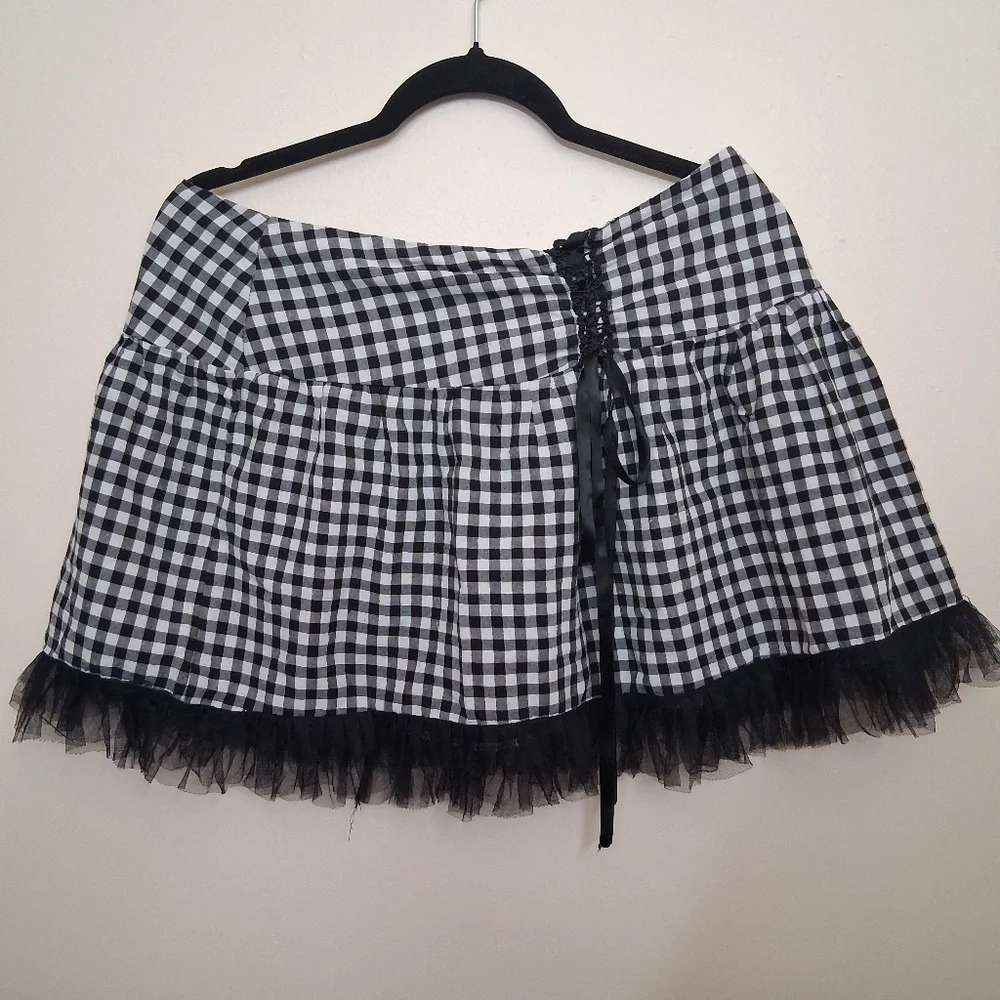 Plaid Mesh Lace Up Mini Skirt Fairycore Grunge Goth S/M - Picture 2 of 8